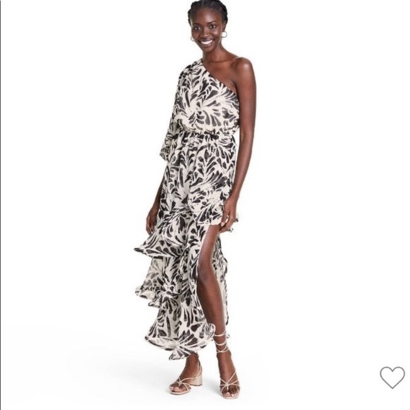 NWT botanical one shoulder asymmetrical black and white dress. Alexis - Picture 3 of 5